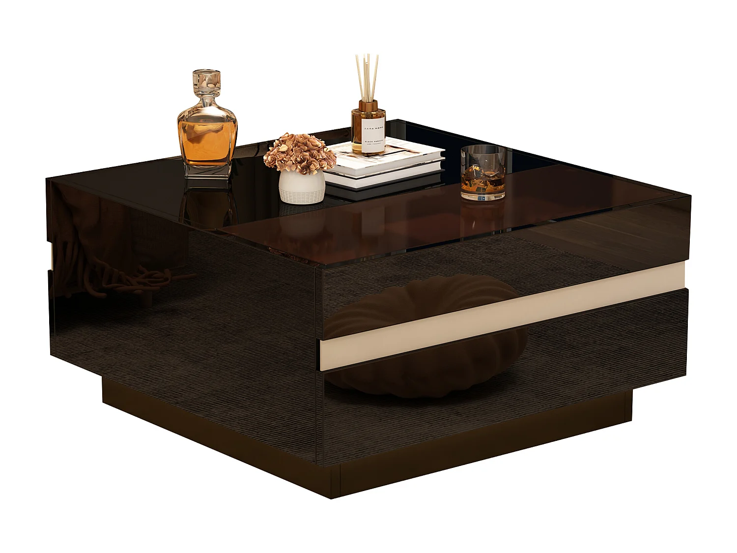 Table basse carrée brillante 70x70x36 cm - Avec éclairage LED - Avec 2 tiroirs - Noir