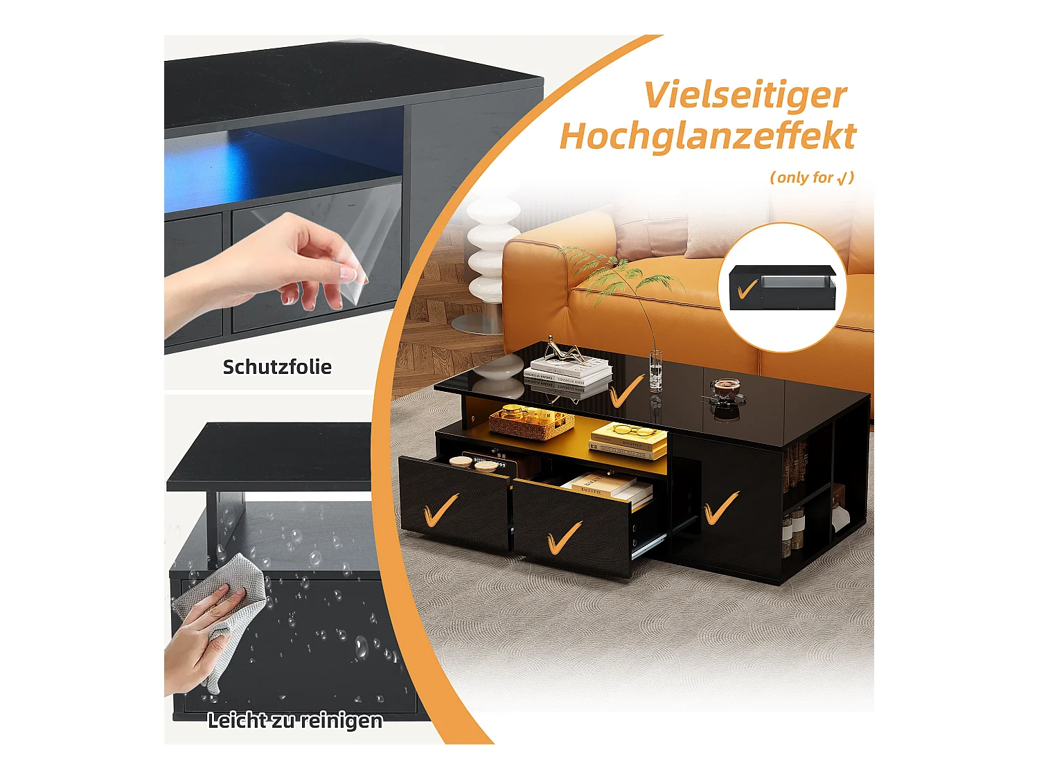 Teetisch - 100 x 50 x 35 cm - Wohnzimmer Couchtisch - mit LEDs + 2 Schubladen - Spanplatte - Schwarz