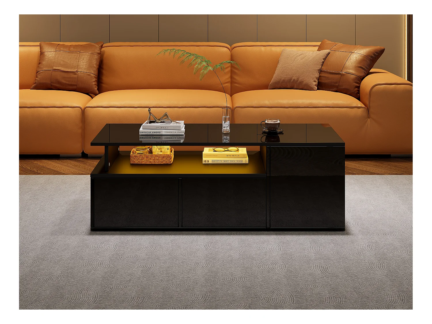 Teetisch - 100 x 50 x 35 cm - Wohnzimmer Couchtisch - mit LEDs + 2 Schubladen - Spanplatte - Schwarz