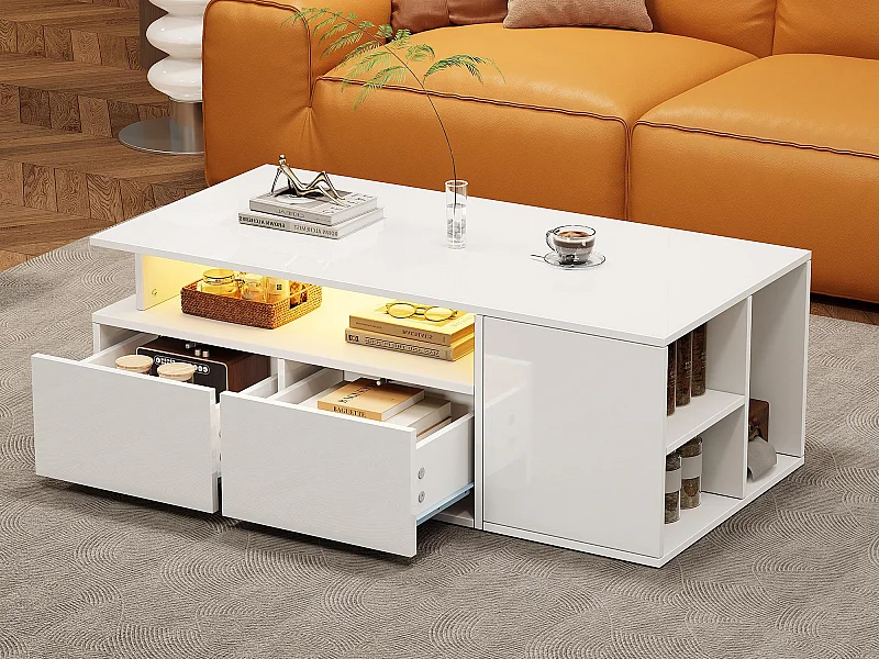 Table basse haute brillance 100x50x35cm - avec éclairage LED - 2 tiroirs - 3 compartiments de rangement - Blanc