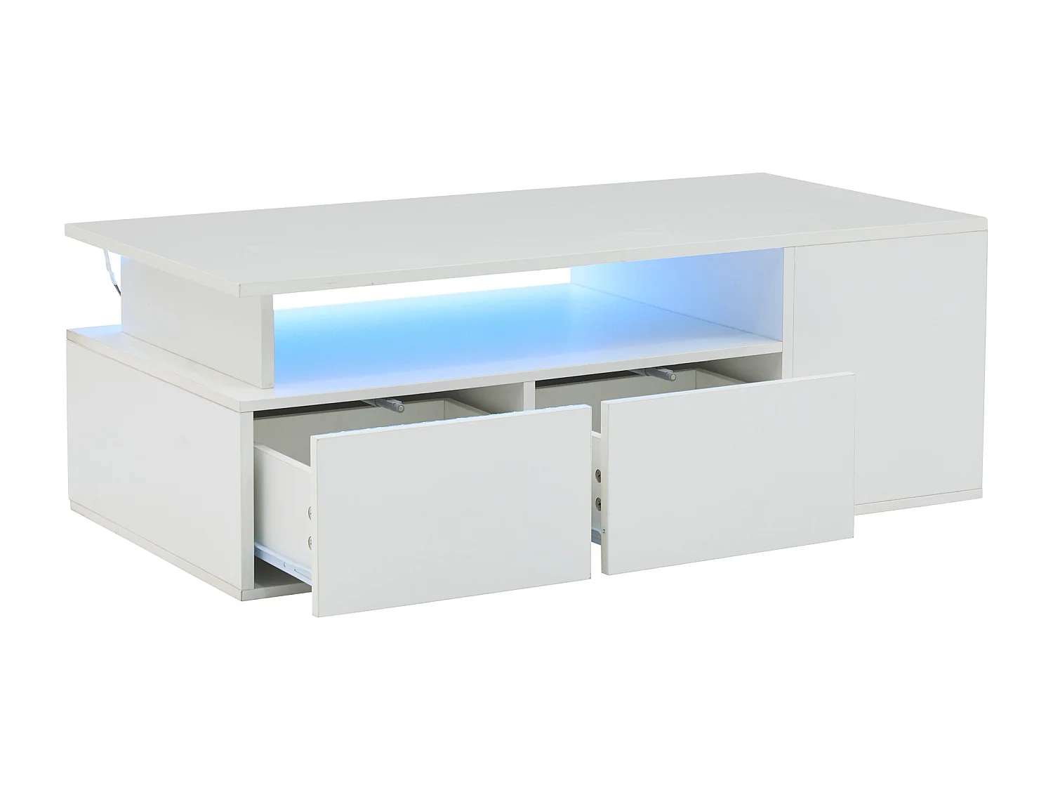 Table basse haute brillance 100x50x35cm - avec éclairage LED - 2 tiroirs - 3 compartiments de rangement - Blanc