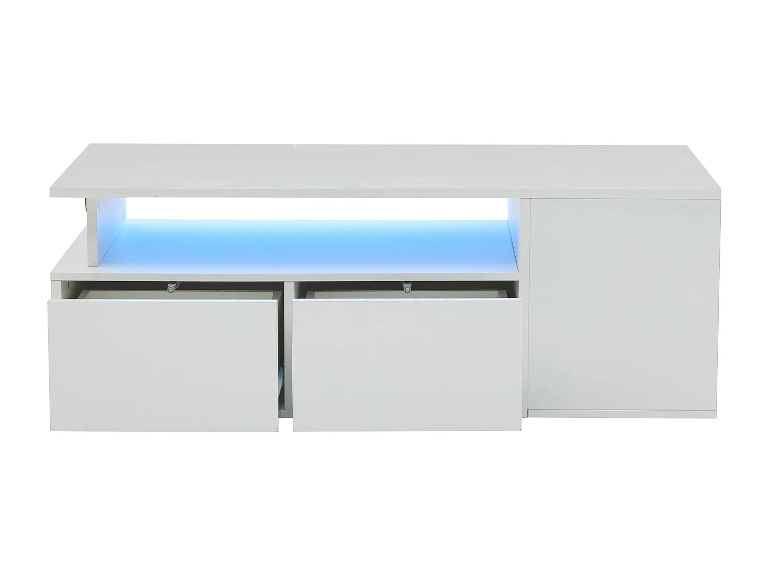 Table basse haute brillance 100x50x35cm - avec éclairage LED - 2 tiroirs - 3 compartiments de rangement - Blanc