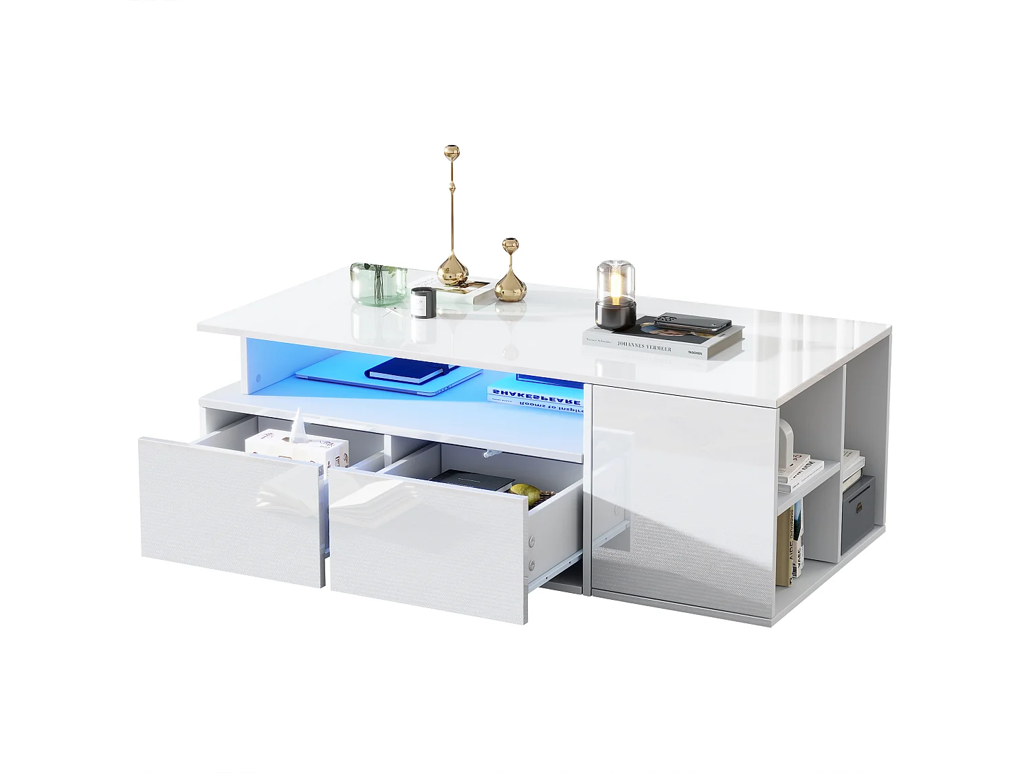 Table basse haute brillance 100x50x35cm - avec éclairage LED - 2 tiroirs - 3 compartiments de rangement - Blanc