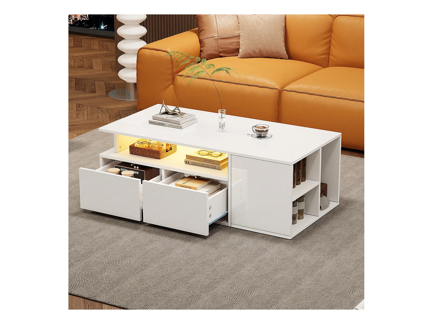 Table à thé - 100 x 50 x 35 cm - able basse de salon - avec Leds + 2 tiroirs - aggloméré - blanc