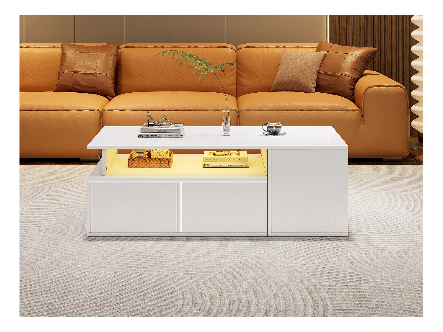 Table à thé - 100 x 50 x 35 cm - able basse de salon - avec Leds + 2 tiroirs - aggloméré - blanc