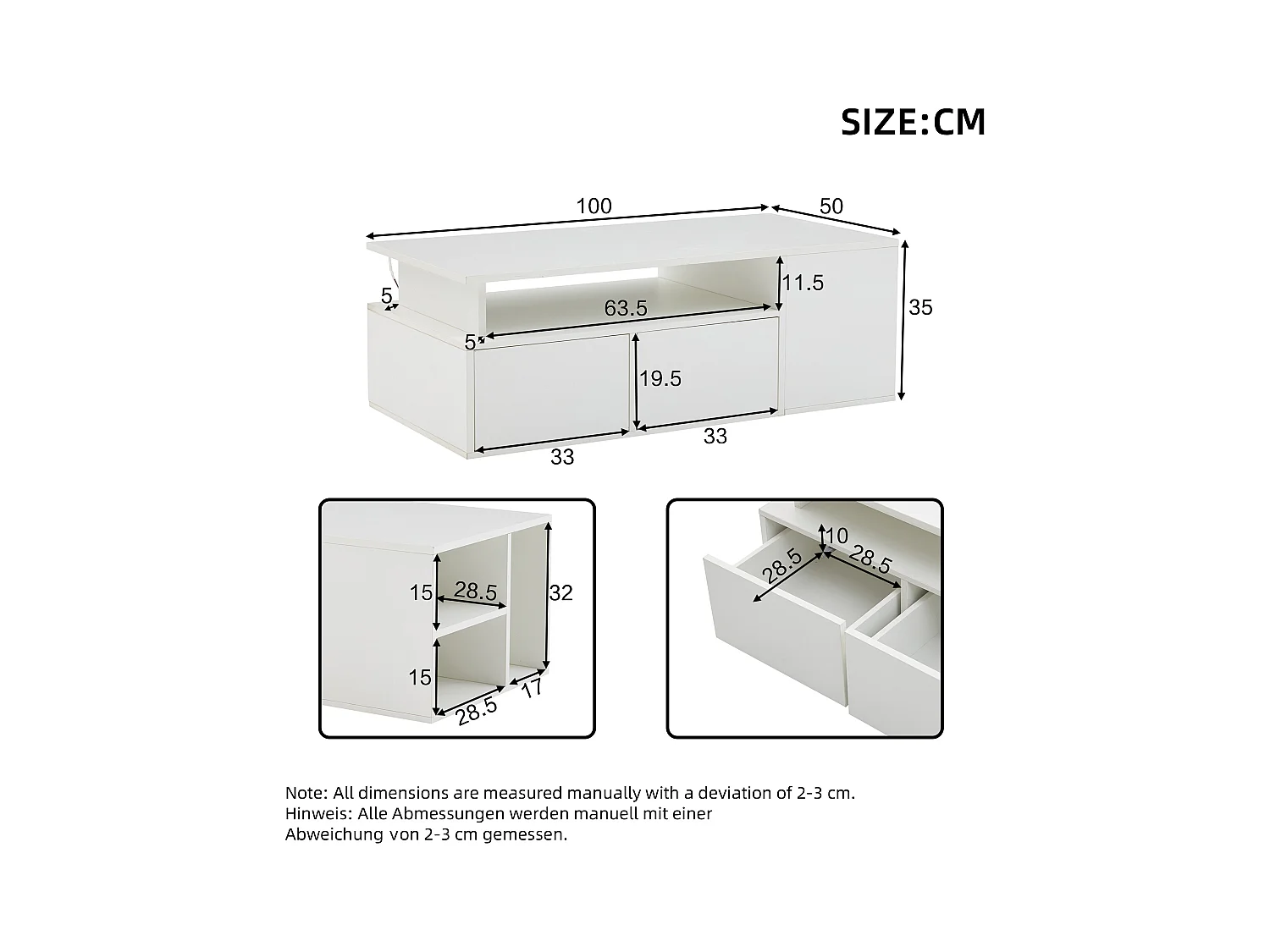 Table à thé - 100 x 50 x 35 cm - able basse de salon - avec Leds + 2 tiroirs - aggloméré - blanc