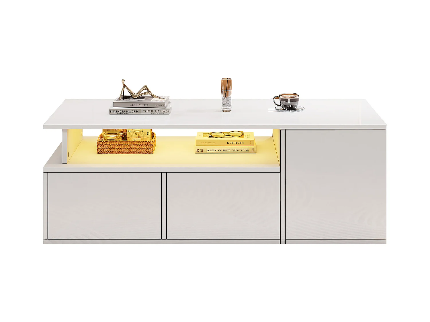 Table à thé - 100 x 50 x 35 cm - able basse de salon - avec Leds + 2 tiroirs - aggloméré - blanc