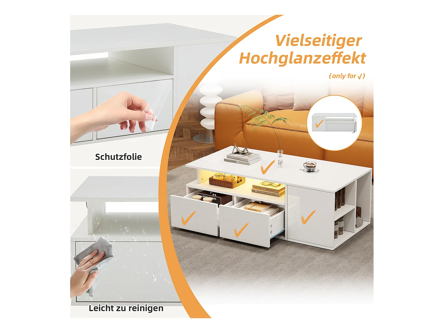 Teetisch - 100 x 50 x 35 cm - Wohnzimmer Couchtisch - mit LEDs + 2 Schubladen - Spanplatte - Weiß