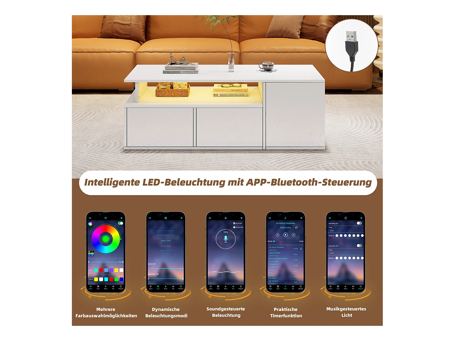 Teetisch - 100 x 50 x 35 cm - Wohnzimmer Couchtisch - mit LEDs + 2 Schubladen - Spanplatte - Weiß