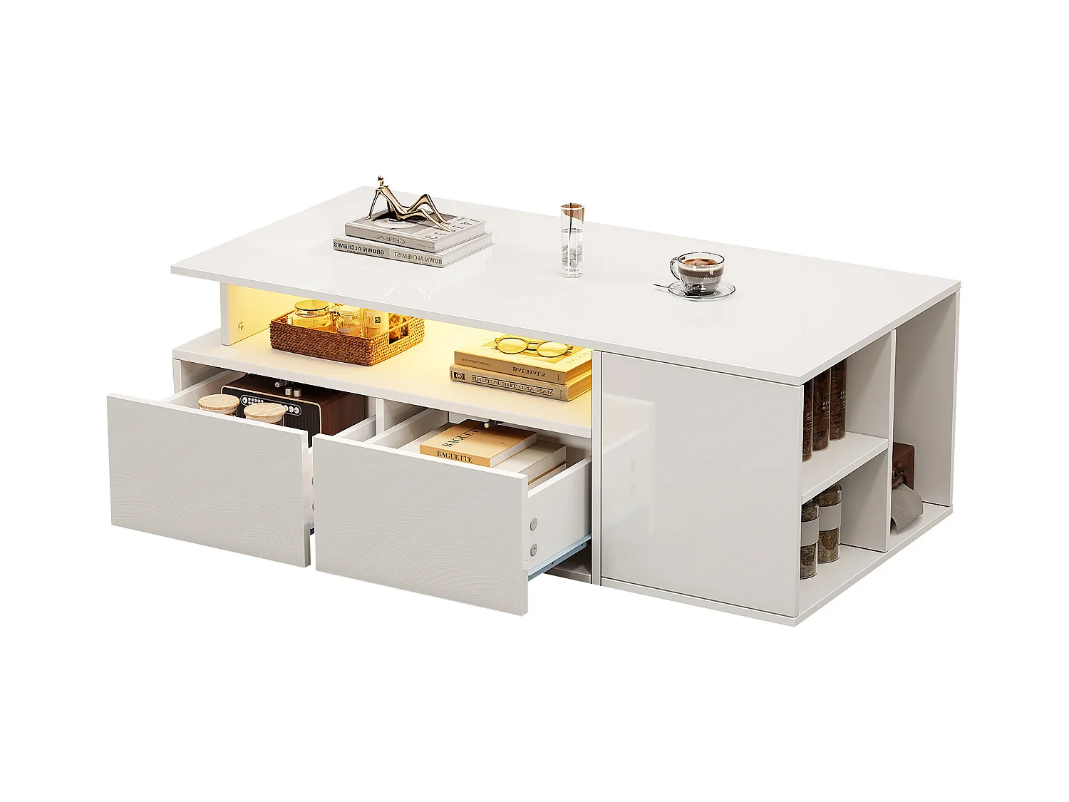 Teetisch - 100 x 50 x 35 cm - Wohnzimmer Couchtisch - mit LEDs + 2 Schubladen - Spanplatte - Weiß