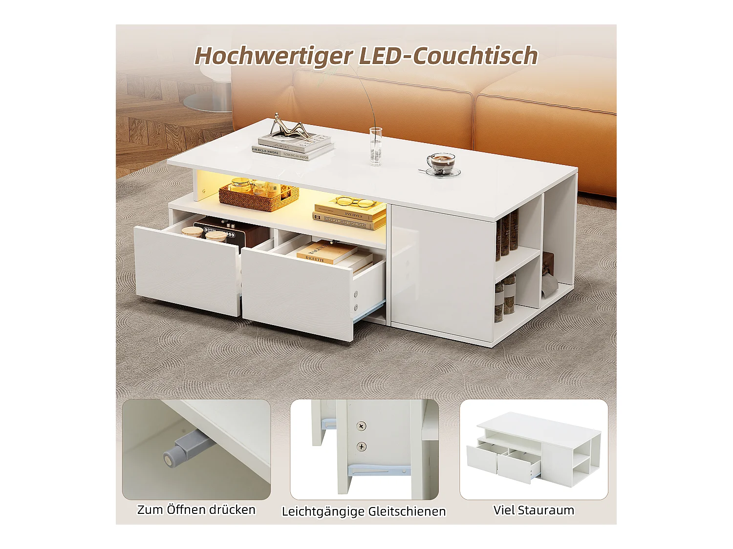 Teetisch - 100 x 50 x 35 cm - Wohnzimmer Couchtisch - mit LEDs + 2 Schubladen - Spanplatte - Weiß