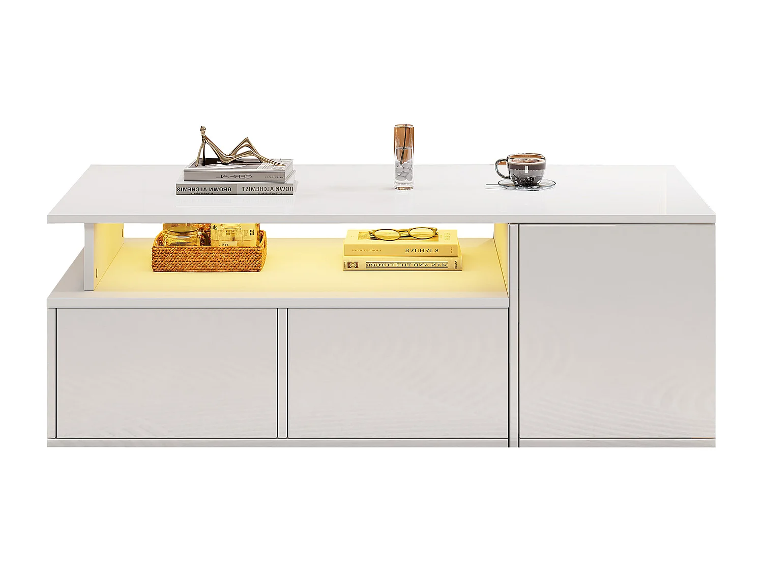 Table à thé - 100 x 50 x 35 cm - able basse de salon - avec Leds + 2 tiroirs - aggloméré - blanc