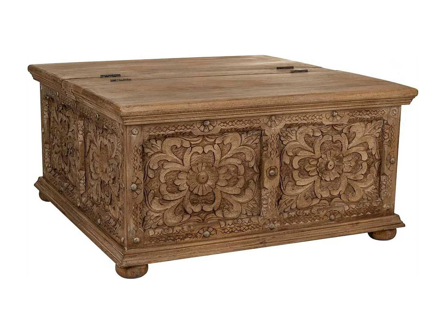table basse coffre artisanal bois sculpté brun