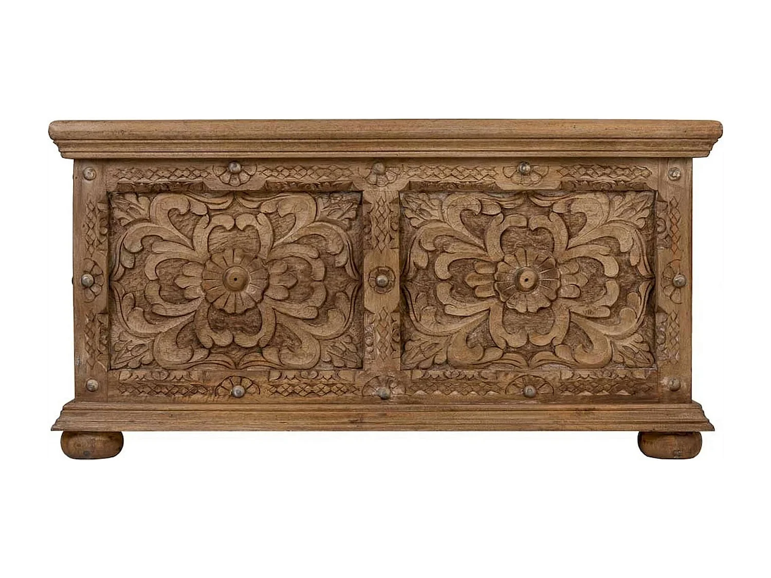 table basse coffre artisanal bois sculpté brun