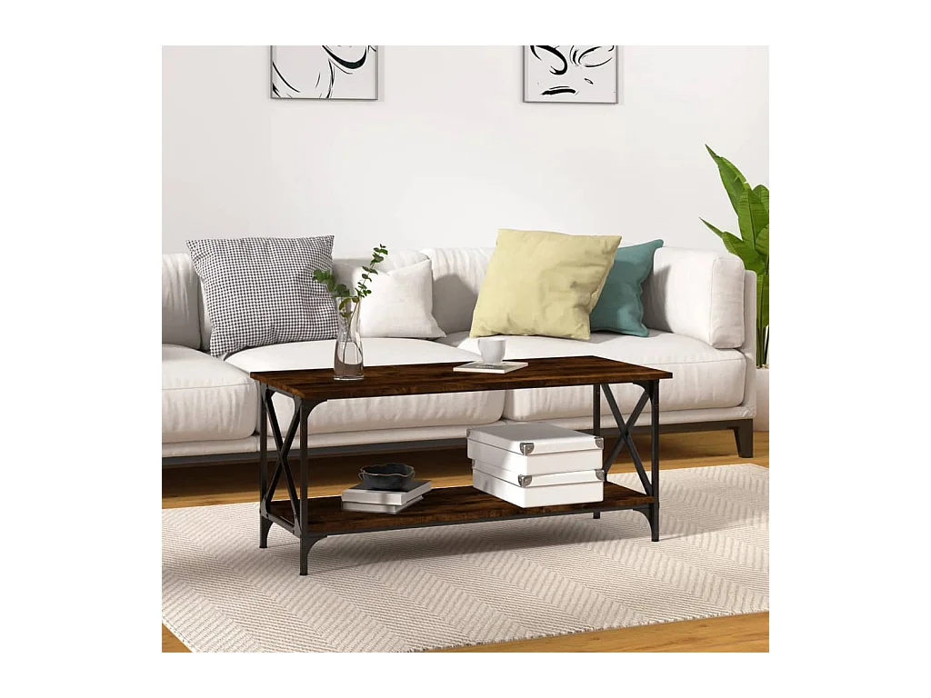 Gerookte eiken salontafel 100x45x45 cm bewerkt hout en ijzer