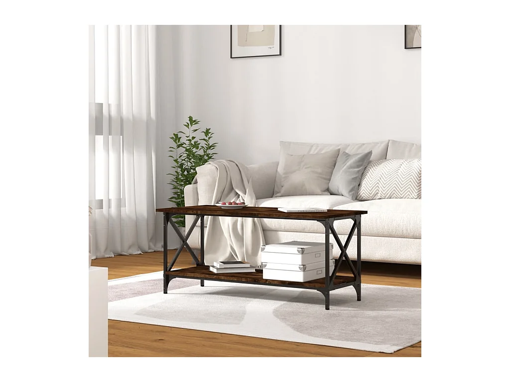 Gerookte eiken salontafel 100x45x45 cm bewerkt hout en ijzer