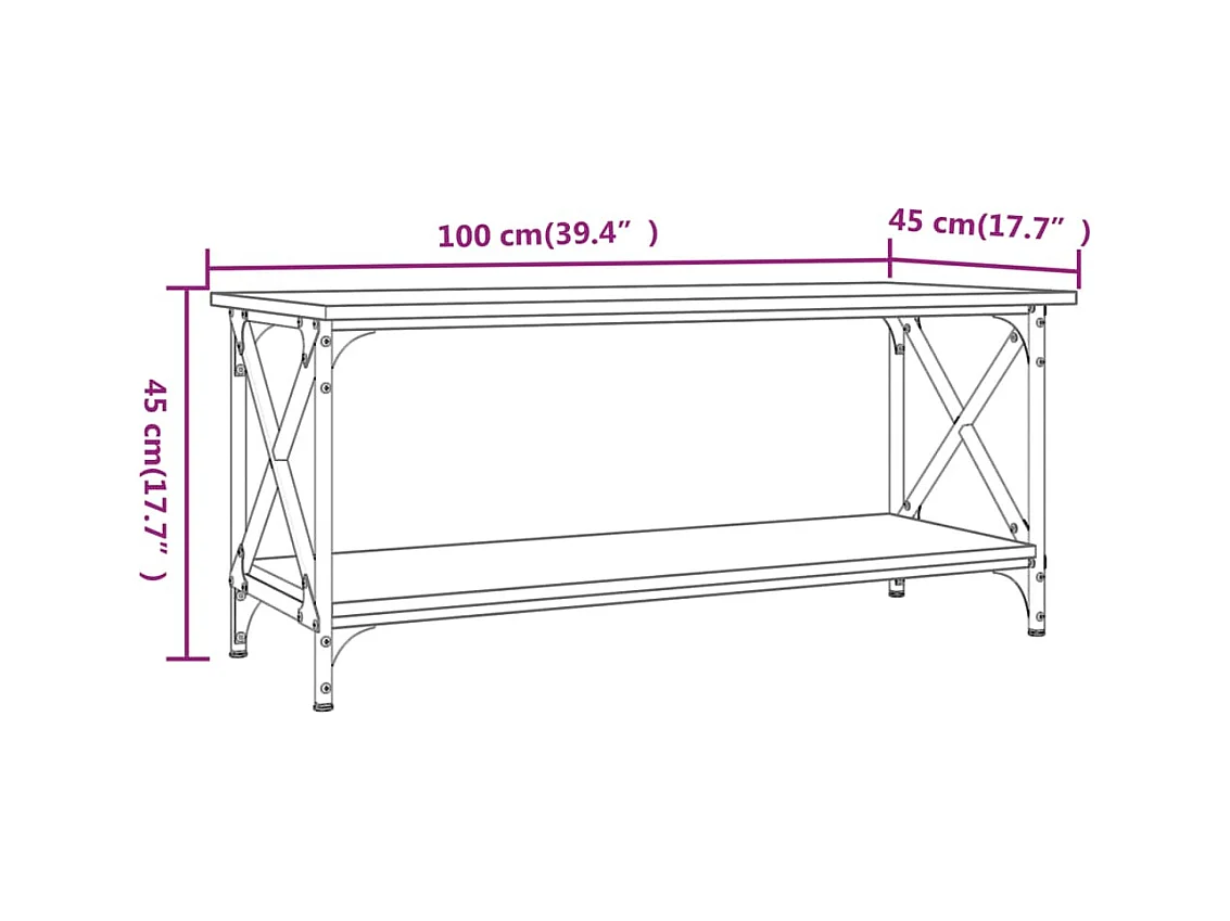 Gerookte eiken salontafel 100x45x45 cm bewerkt hout en ijzer