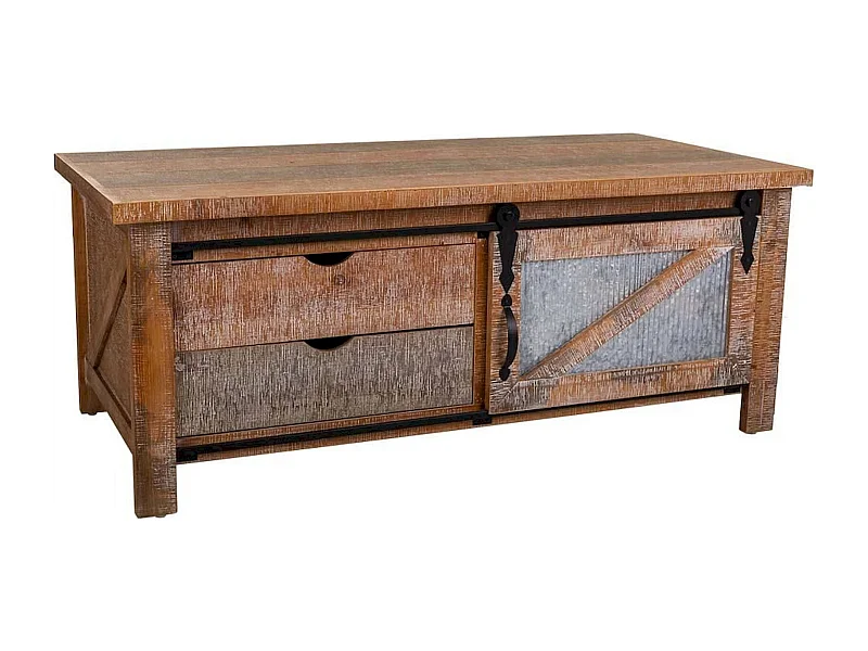 table basse bois et métal style industriel coloré avec tiroirs