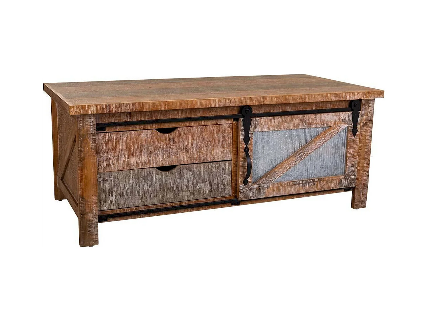 table basse bois et métal style industriel coloré avec tiroirs