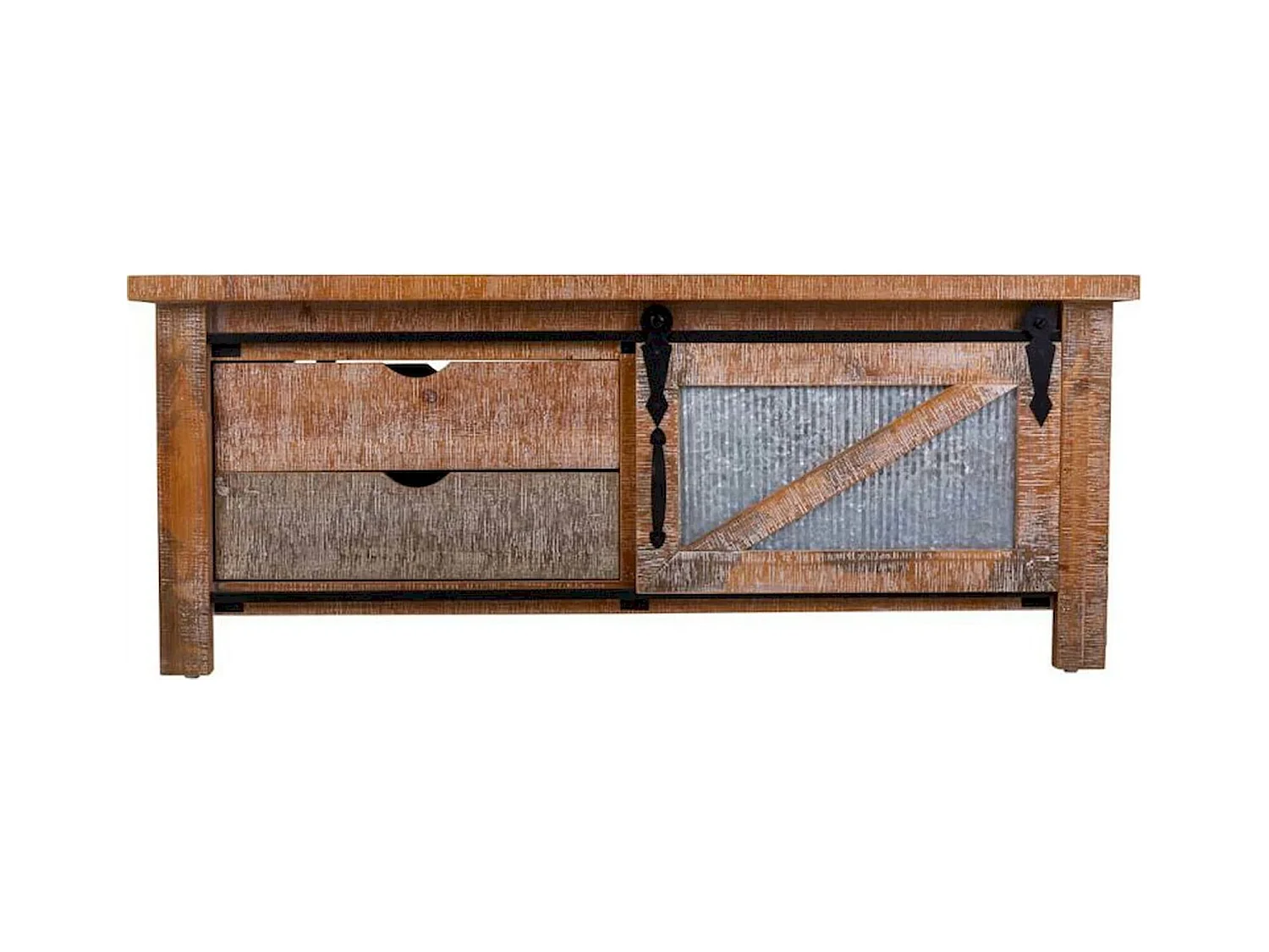 table basse bois et métal style industriel coloré avec tiroirs