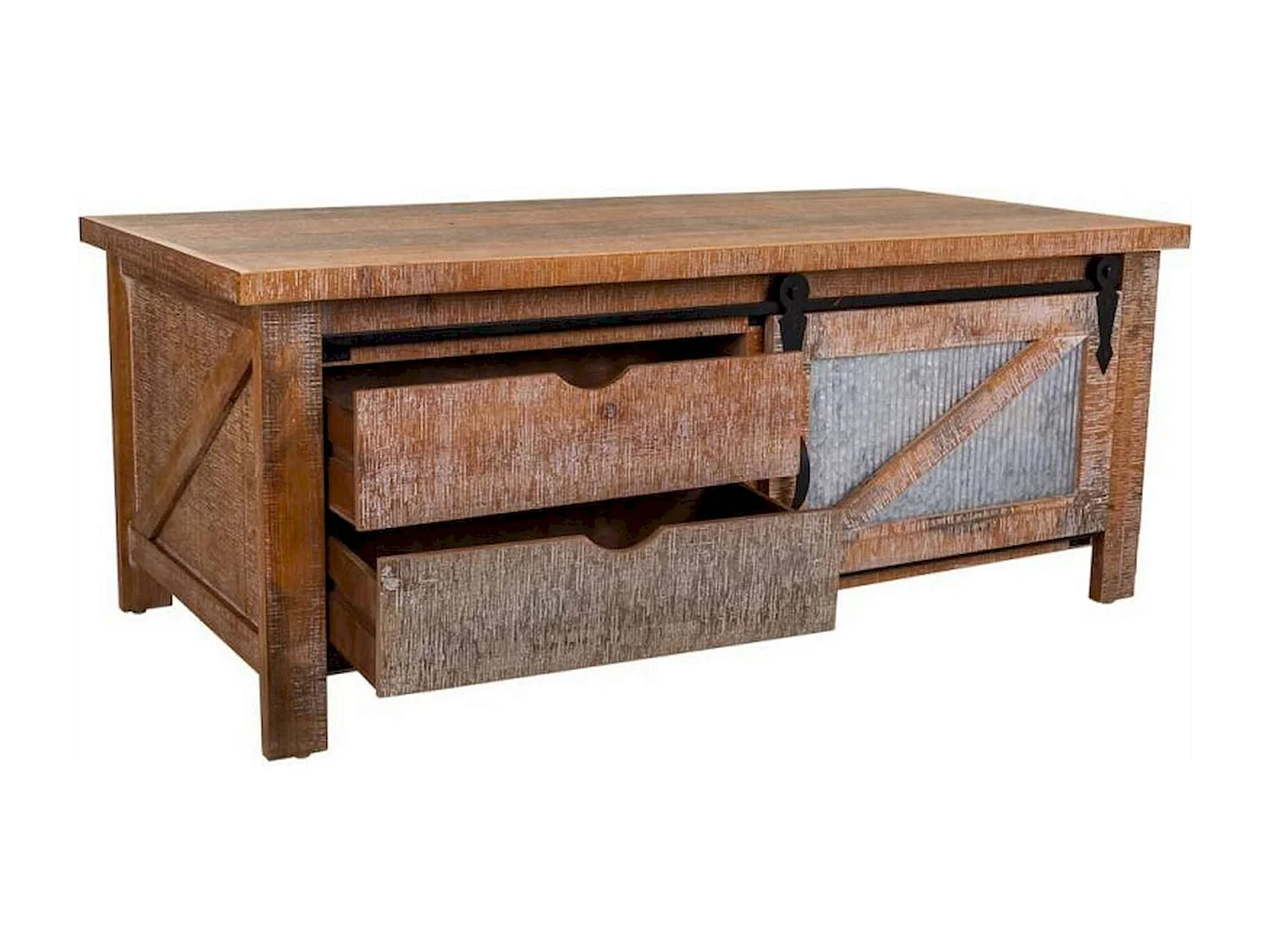 table basse bois et métal style industriel coloré avec tiroirs