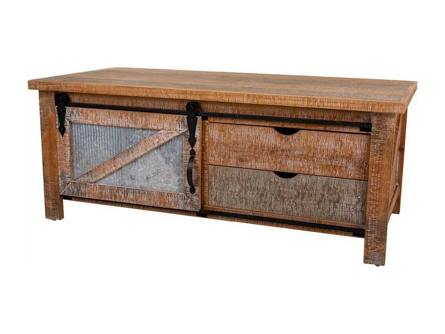 table basse bois et métal style industriel coloré avec tiroirs