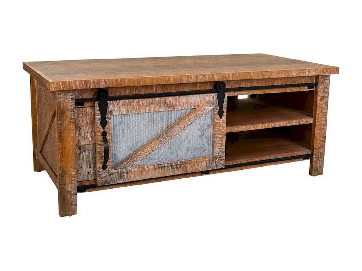 table basse bois et métal style industriel coloré avec tiroirs