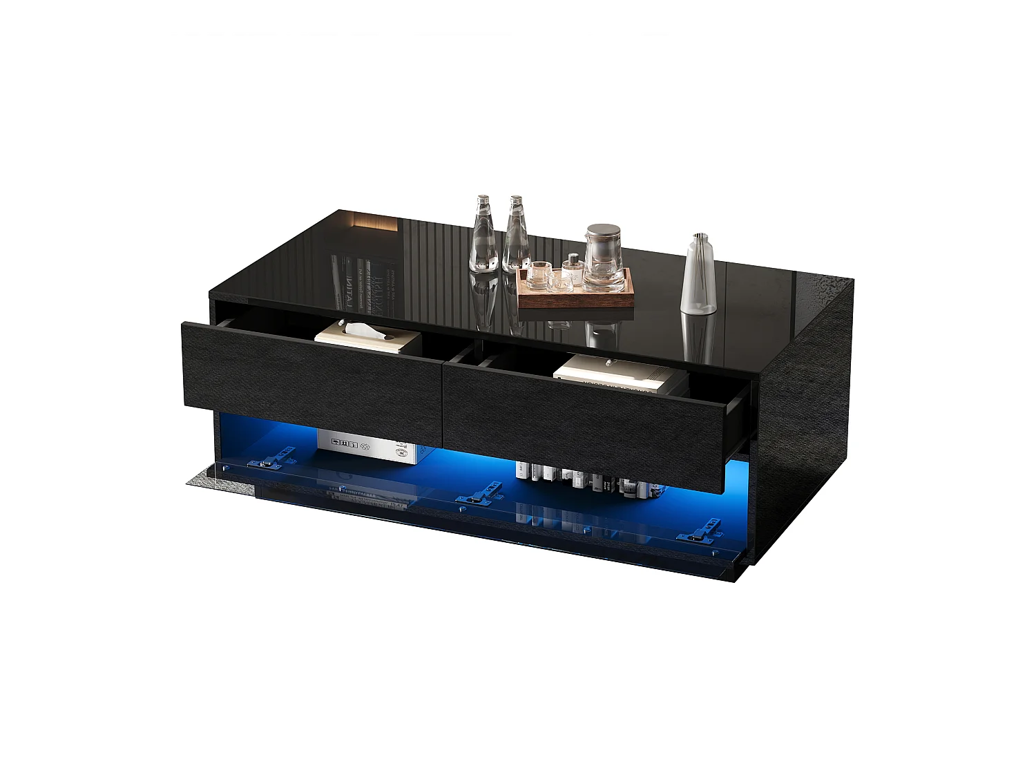 Table basse brillante - 100 x 50 x 40 cm - avec 2 tiroirs + Leds Bluetooth - MDF + verre trempé - noir