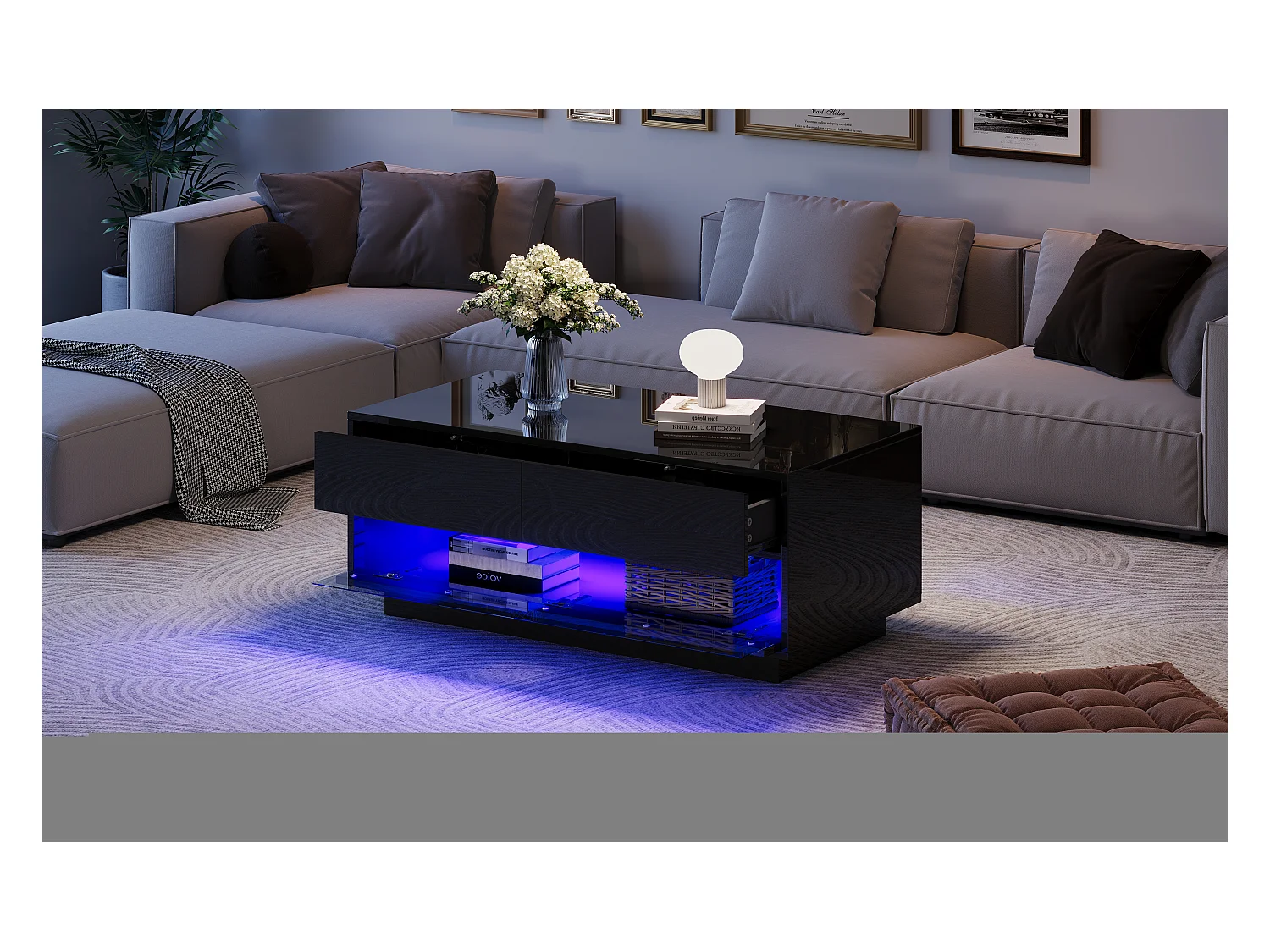 Table basse brillante - 100 x 50 x 40 cm - avec 2 tiroirs + Leds Bluetooth - MDF + verre trempé - noir