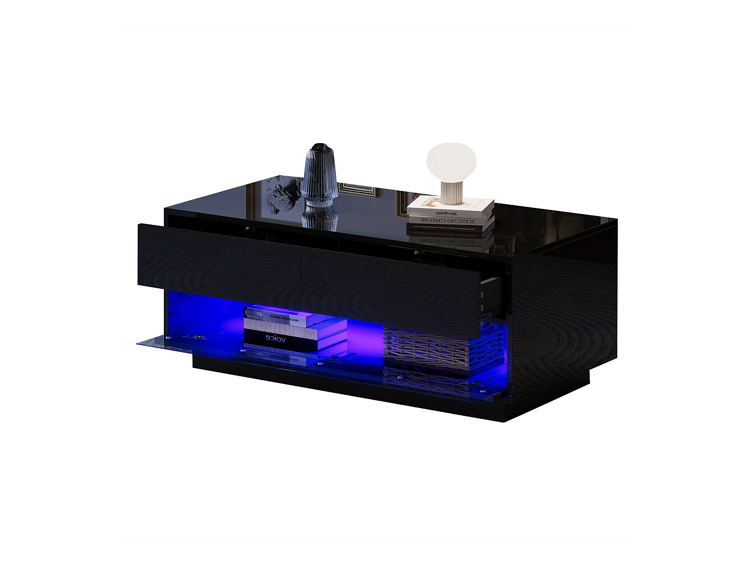 Table basse brillante - 100 x 50 x 40 cm - avec 2 tiroirs + Leds Bluetooth - MDF + verre trempé - noir