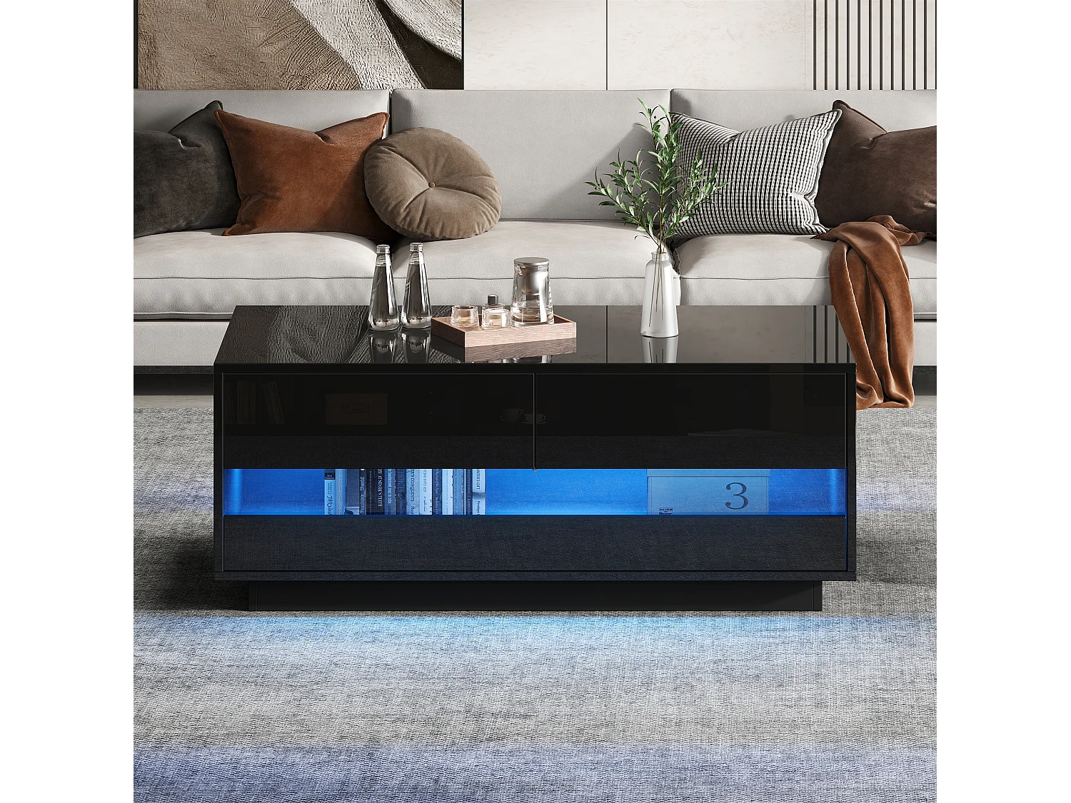 Glanzende salontafel - 100 x 50 x 40 cm - met 2 lades + Bluetooth LED's - MDF + gehard glas - zwart