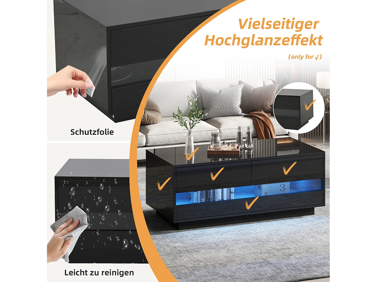 Glanzende salontafel - 100 x 50 x 40 cm - met 2 lades + Bluetooth LED's - MDF + gehard glas - zwart
