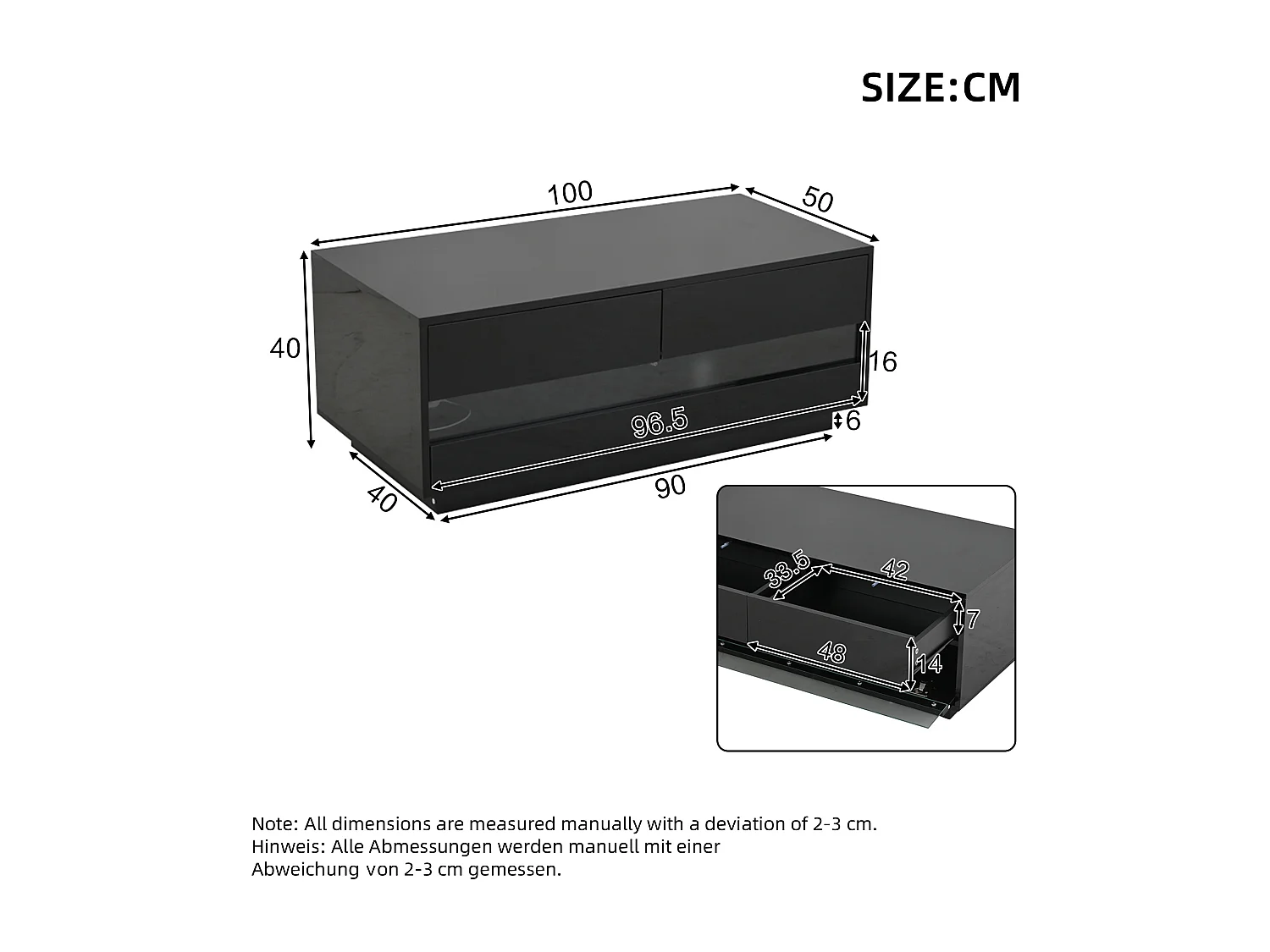 Glanzende salontafel - 100 x 50 x 40 cm - met 2 lades + Bluetooth LED's - MDF + gehard glas - zwart