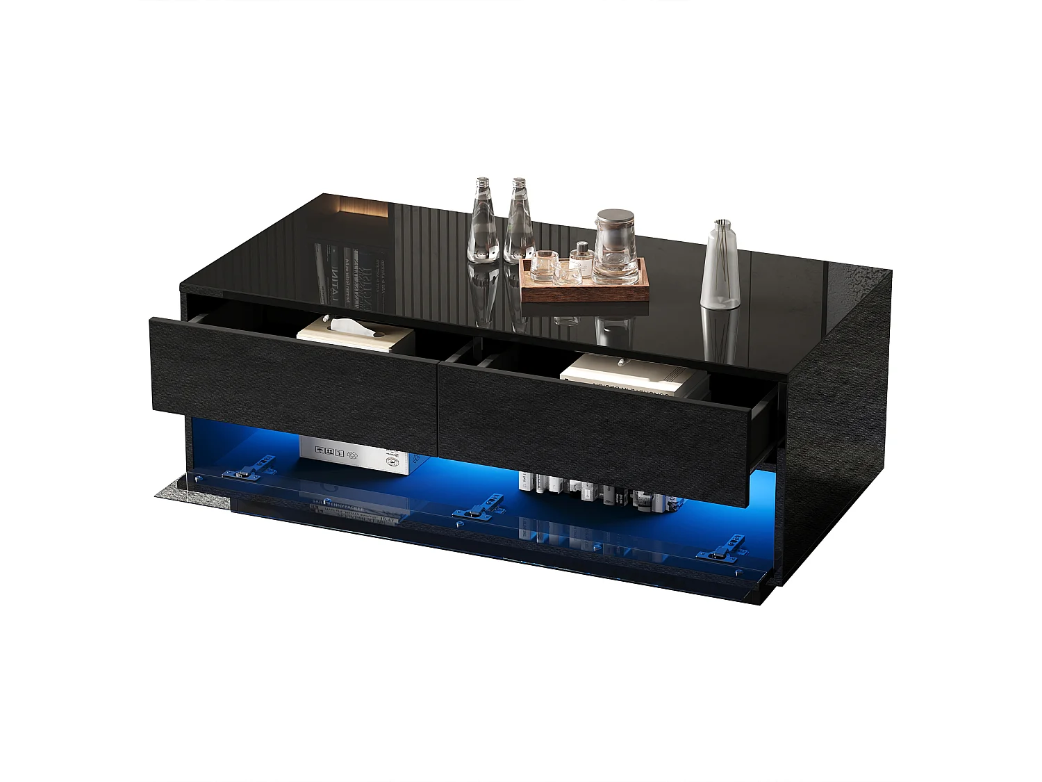 Glanzende salontafel - 100 x 50 x 40 cm - met 2 lades + Bluetooth LED's - MDF + gehard glas - zwart