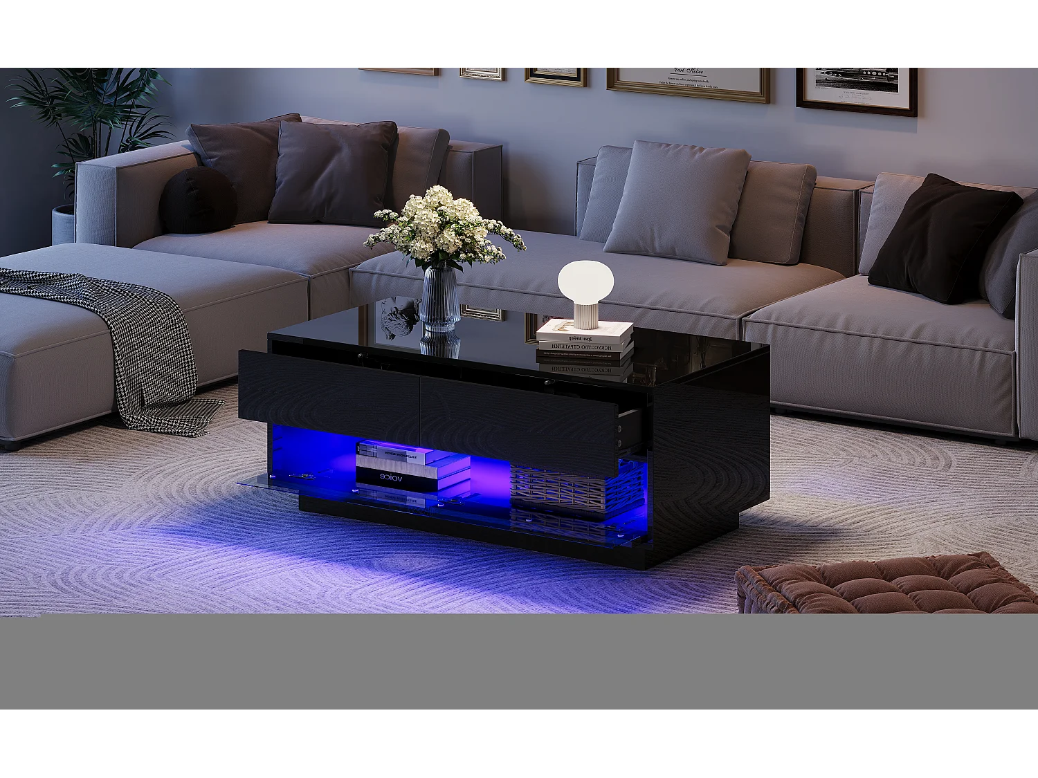 Glanzende salontafel - 100 x 50 x 40 cm - met 2 lades + Bluetooth LED's - MDF + gehard glas - zwart