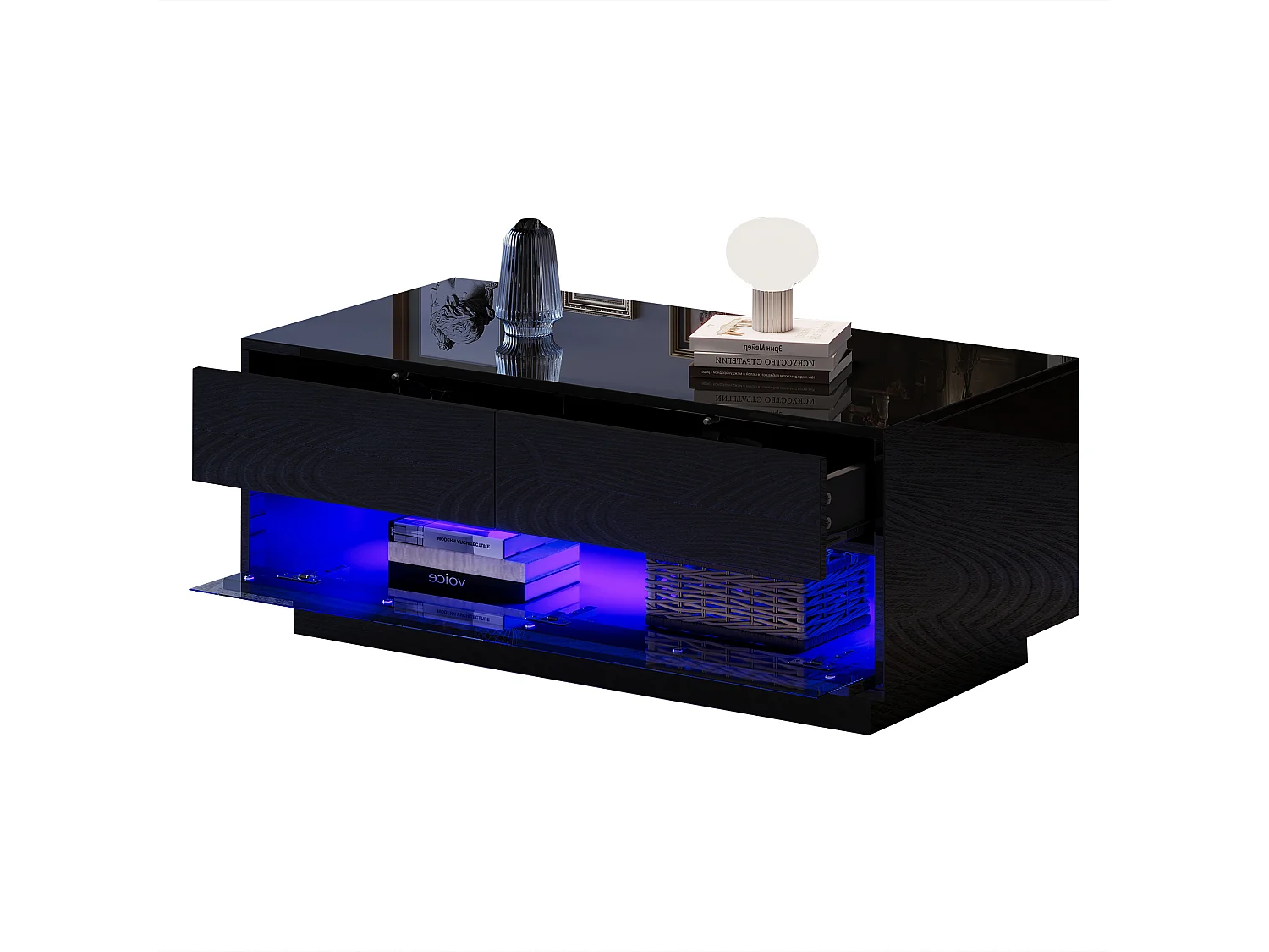 Glanzende salontafel - 100 x 50 x 40 cm - met 2 lades + Bluetooth LED's - MDF + gehard glas - zwart