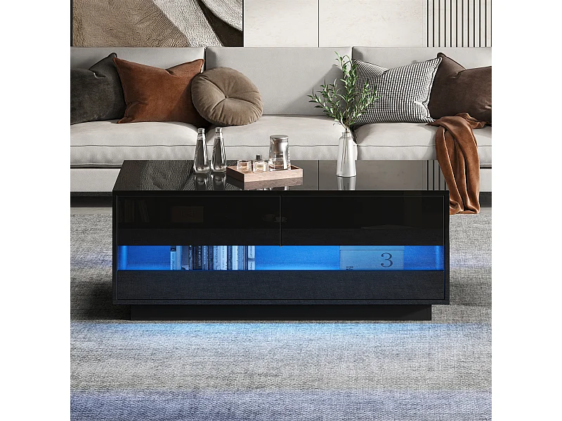 Glanzende salontafel - 100 x 50 x 40 cm - met 2 lades + Bluetooth LED's - MDF + gehard glas - zwart