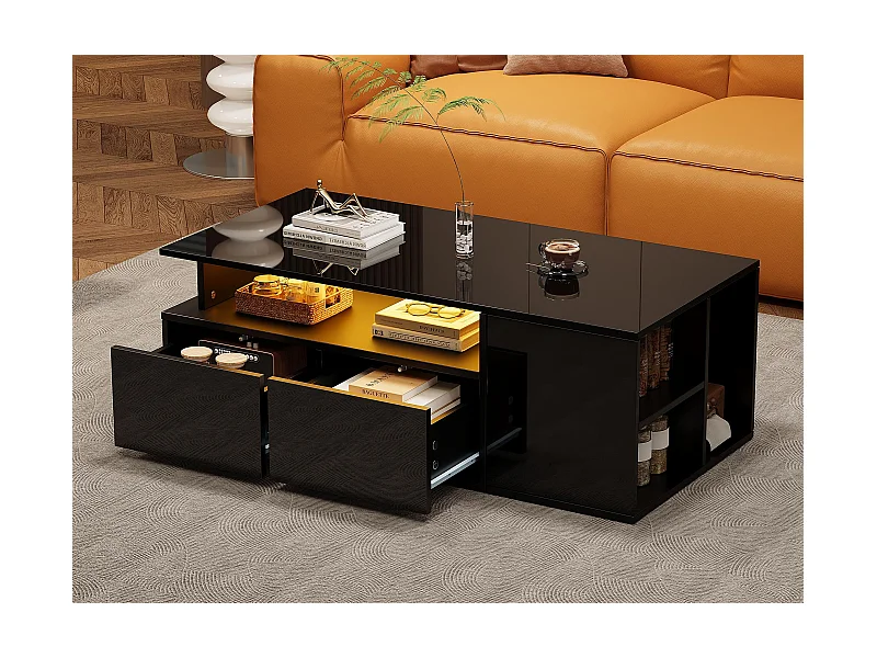 Stolik kawowy wysokopołysk 100×50×35 cm - z oświetleniem LED - 2 szuflady - 3 przegródki - czarny
