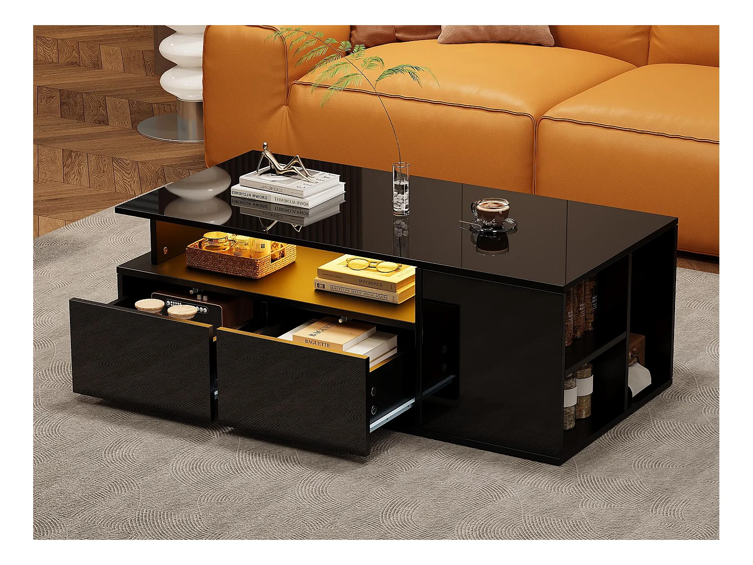 Table basse haute brillance 100x50x35cm - avec éclairage LED - 2 tiroirs - 3 compartiments de rangement - Noir