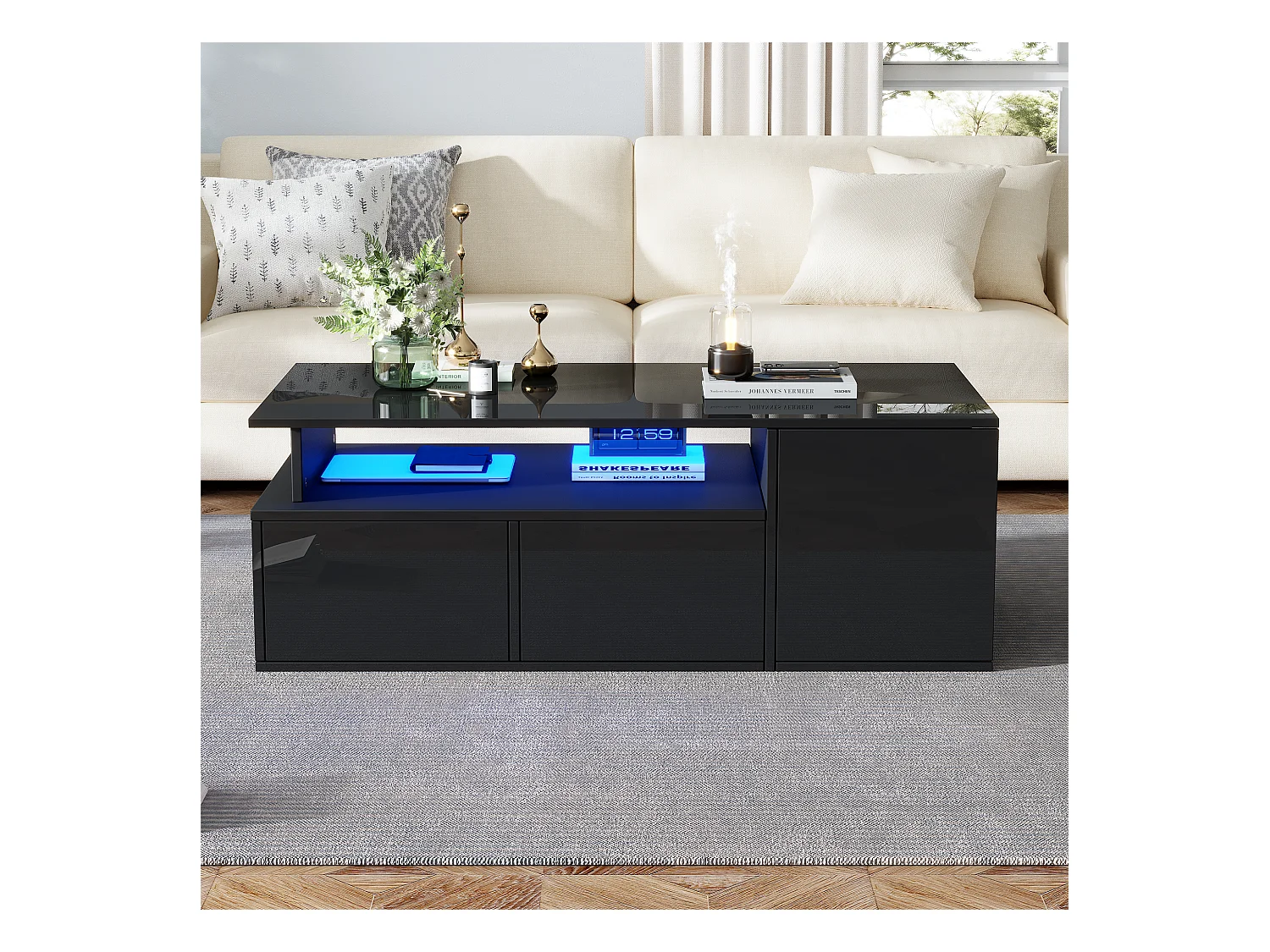 Table basse haute brillance 100x50x35cm - avec éclairage LED - 2 tiroirs - 3 compartiments de rangement - Noir