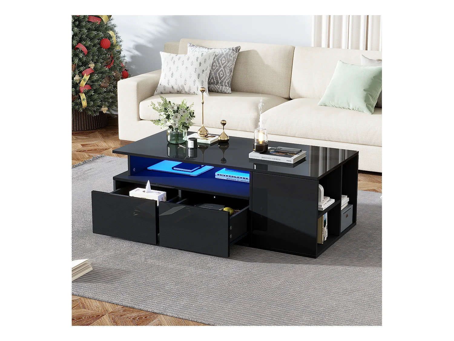 Table basse haute brillance 100x50x35cm - avec éclairage LED - 2 tiroirs - 3 compartiments de rangement - Noir