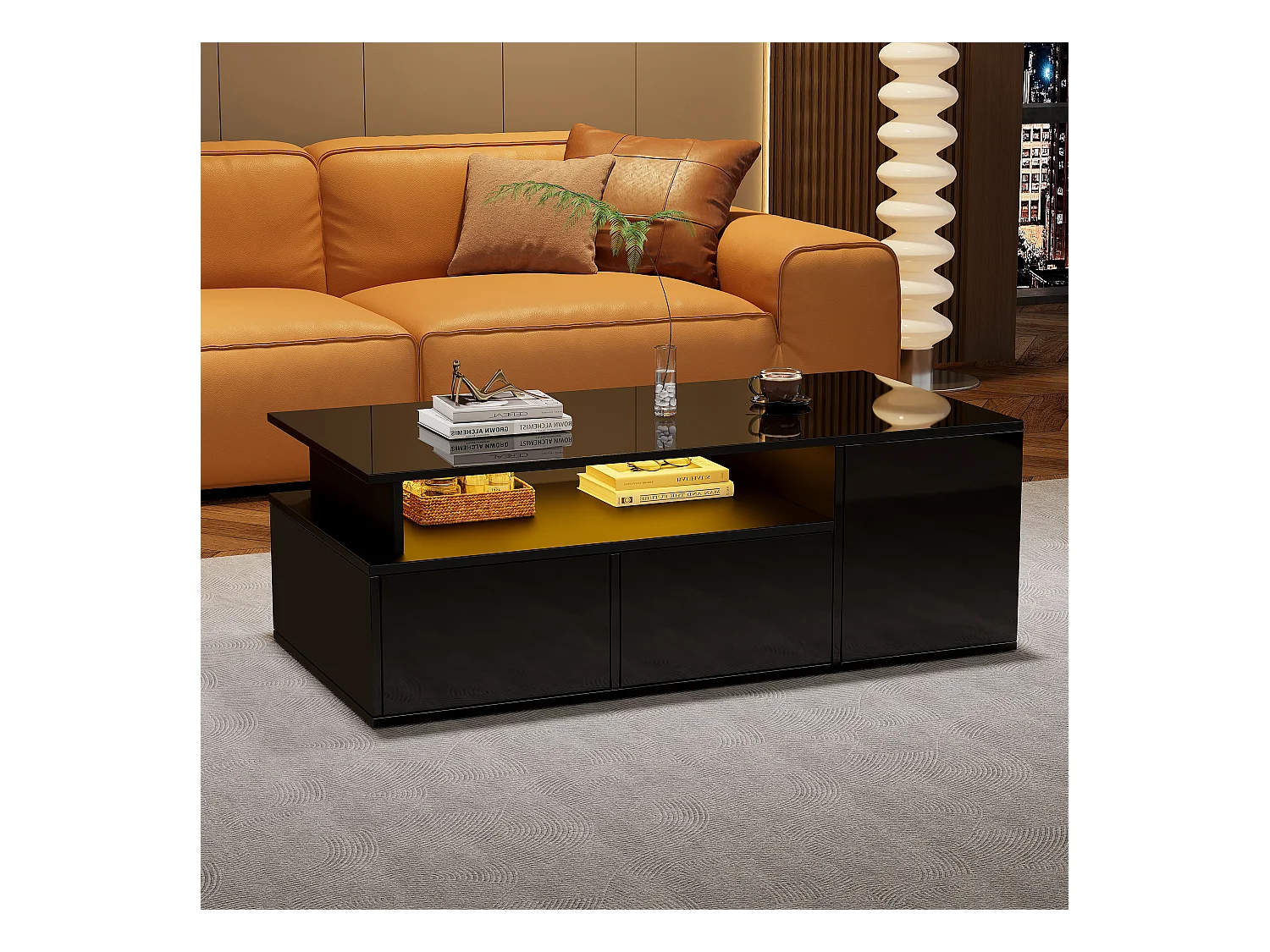 Table basse haute brillance 100x50x35cm - avec éclairage LED - 2 tiroirs - 3 compartiments de rangement - Noir