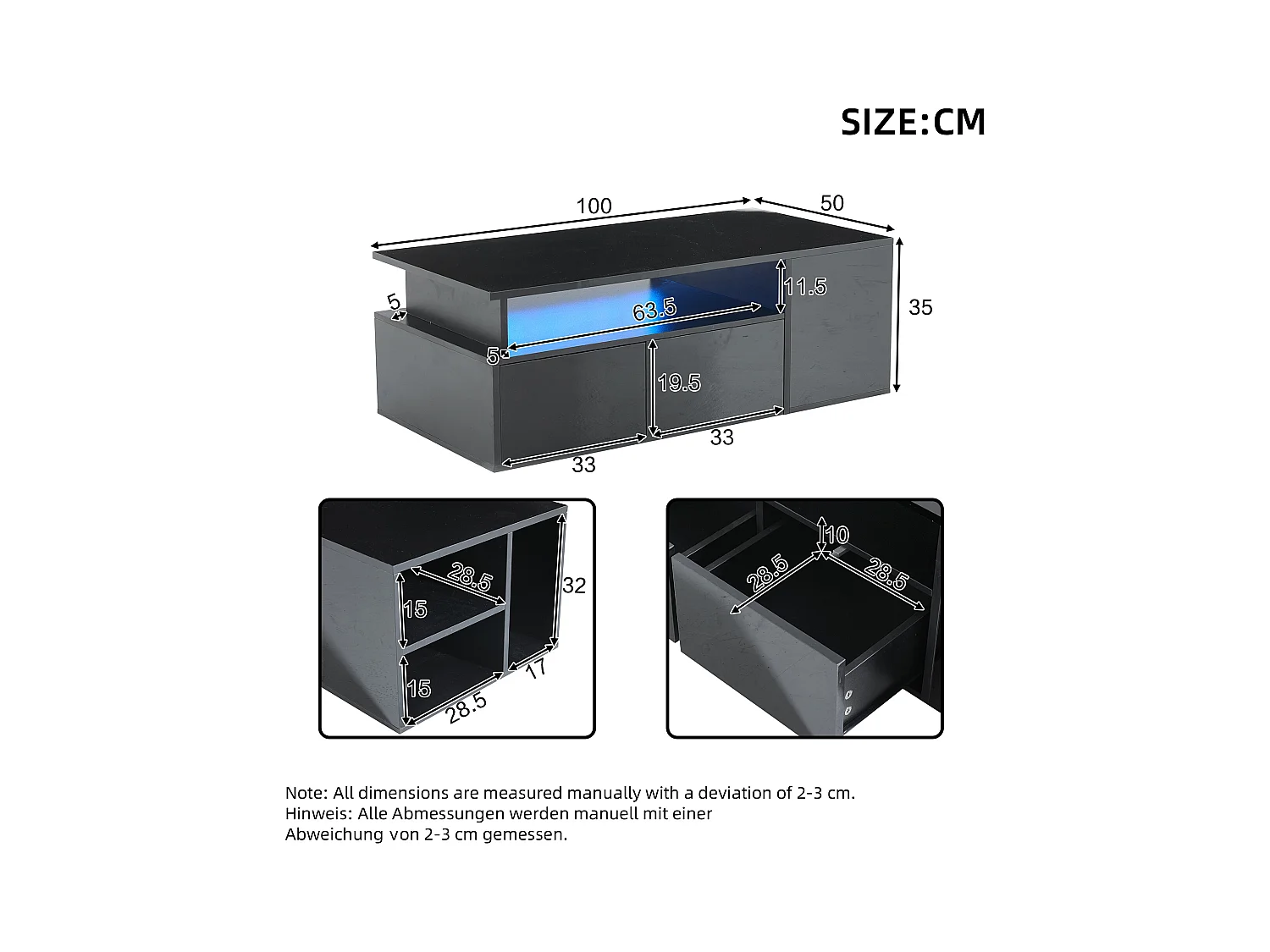 Table basse haute brillance 100x50x35cm - avec éclairage LED - 2 tiroirs - 3 compartiments de rangement - Noir