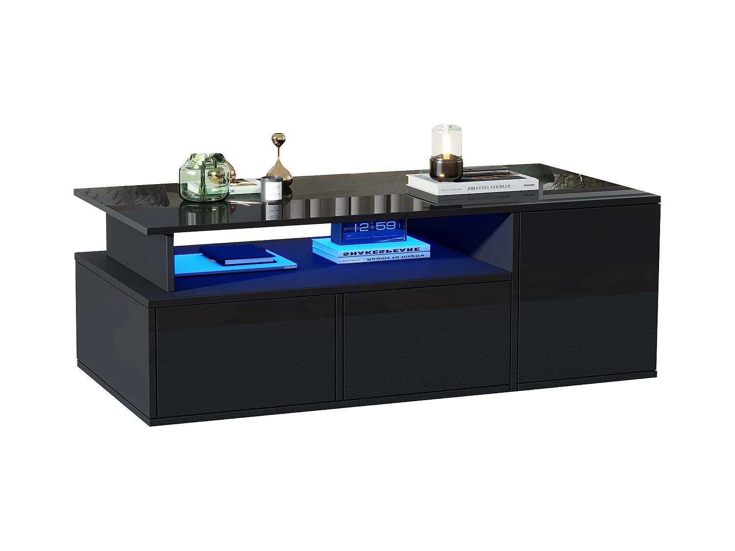 Table basse haute brillance 100x50x35cm - avec éclairage LED - 2 tiroirs - 3 compartiments de rangement - Noir