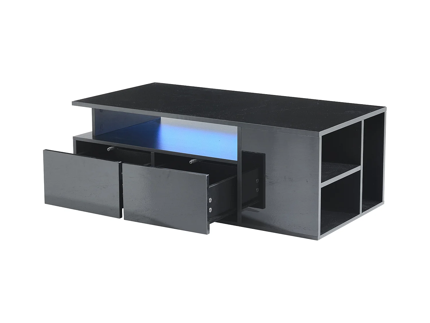 Table basse haute brillance 100x50x35cm - avec éclairage LED - 2 tiroirs - 3 compartiments de rangement - Noir