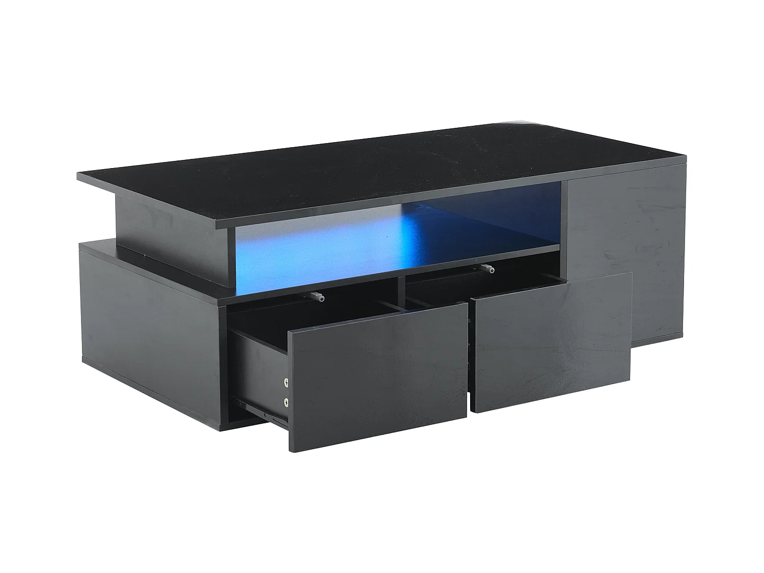 Table basse haute brillance 100x50x35cm - avec éclairage LED - 2 tiroirs - 3 compartiments de rangement - Noir