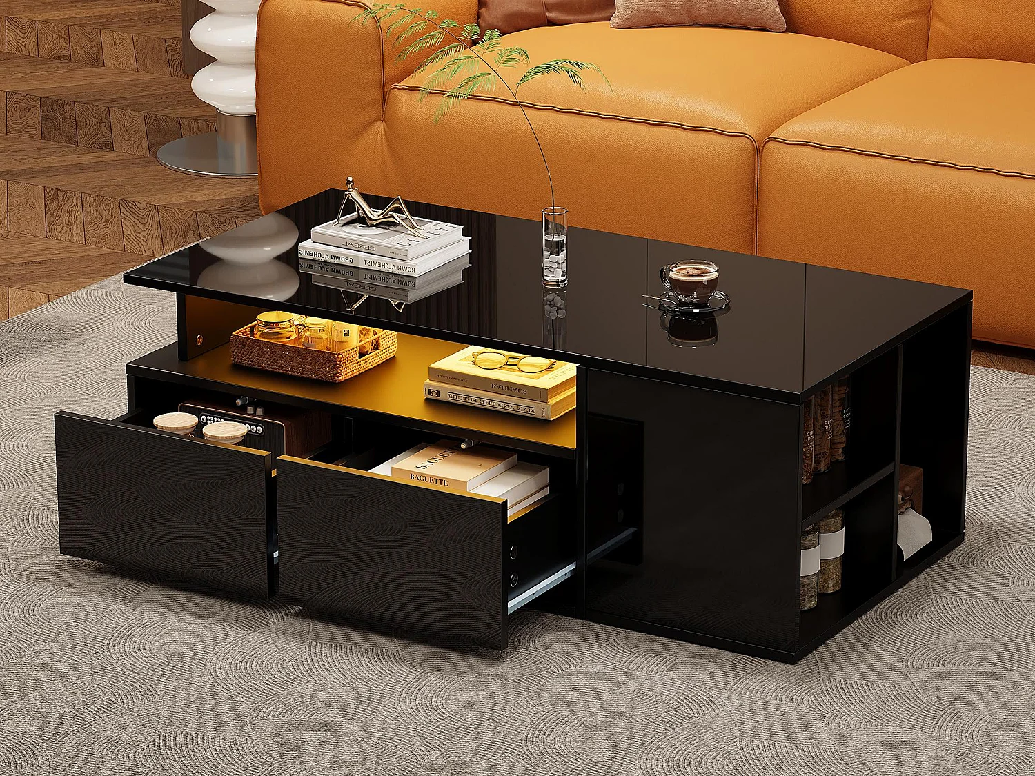 Table basse haute brillance 100x50x35cm - avec éclairage LED - 2 tiroirs - 3 compartiments de rangement - Noir