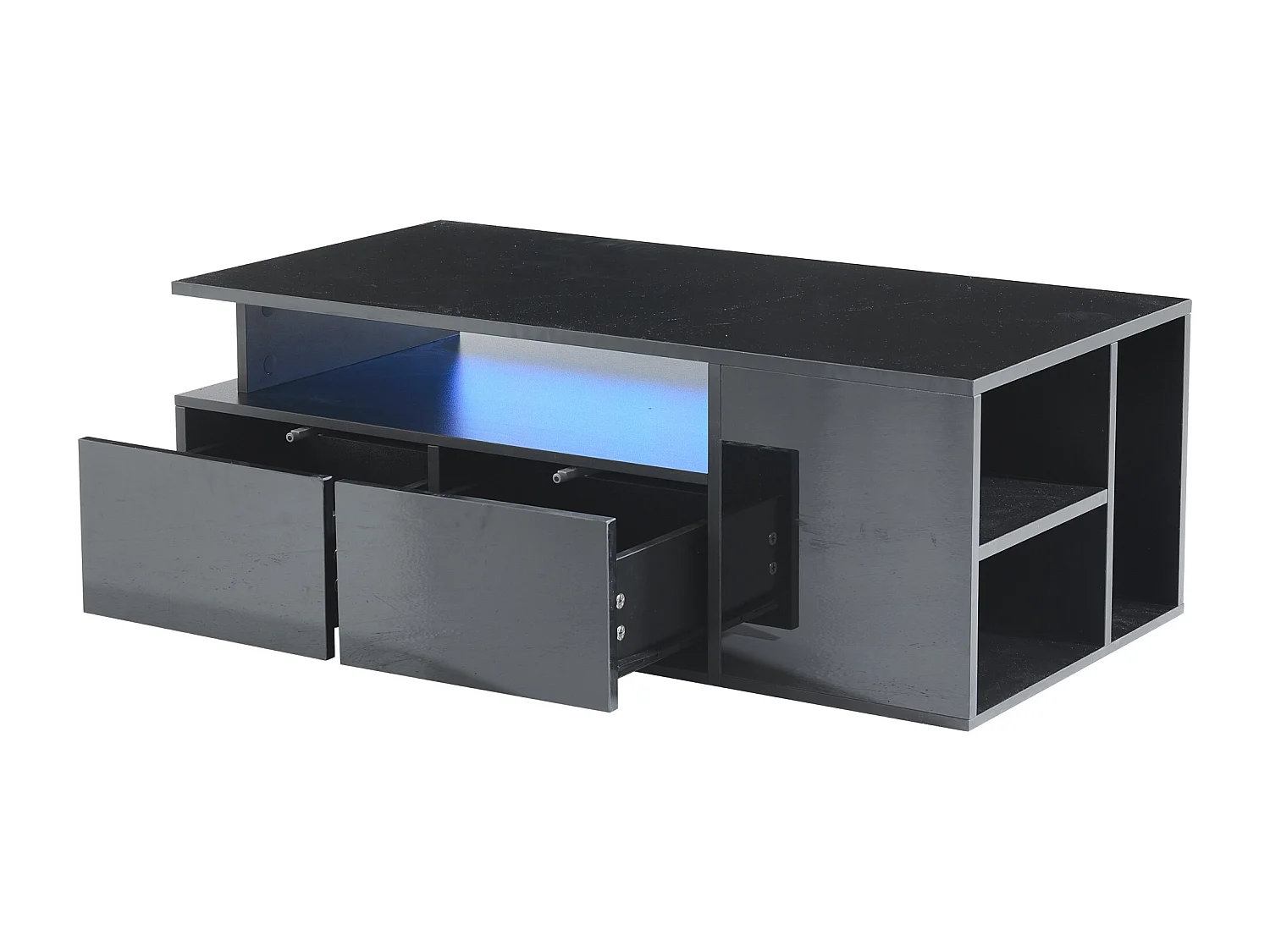 Table basse haute brillance 100x50x35cm - avec éclairage LED - 2 tiroirs - 3 compartiments de rangement - Noir