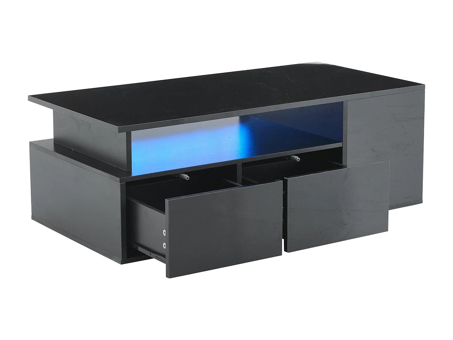 Table basse haute brillance 100x50x35cm - avec éclairage LED - 2 tiroirs - 3 compartiments de rangement - Noir