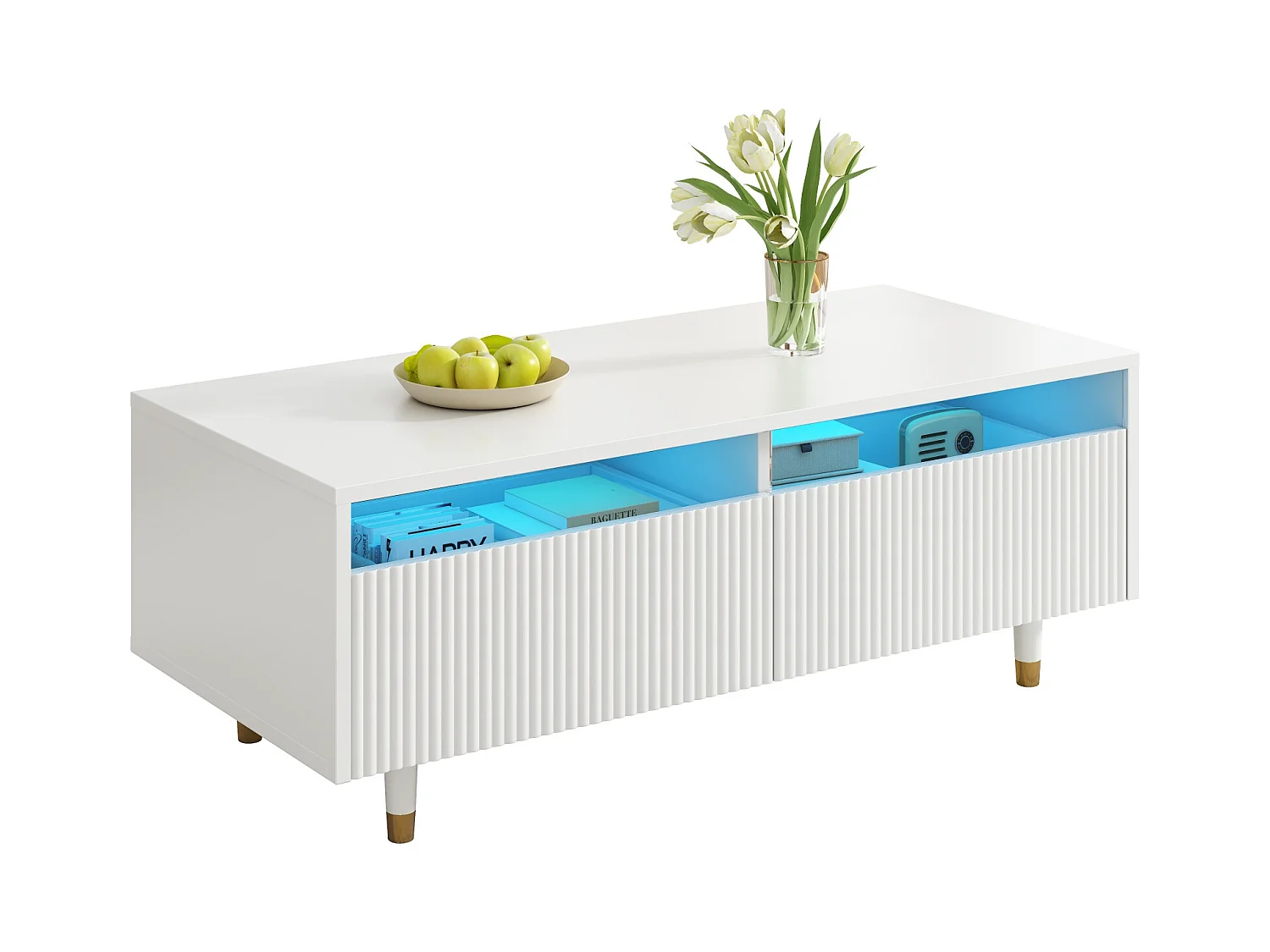 Table basse moderne - 110 x 50 x 40 cm - avec 2 tiroirs + Leds - MDF - blanc